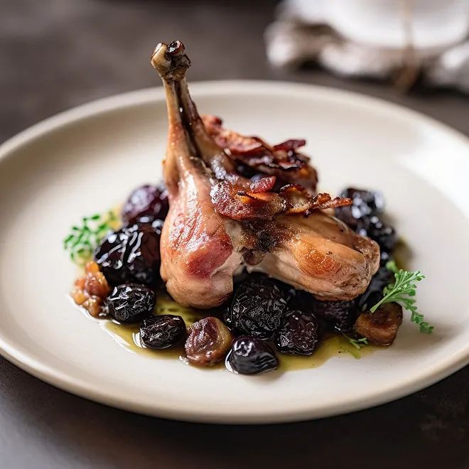 Lapin aux pruneaux et lard de poitrine fumé